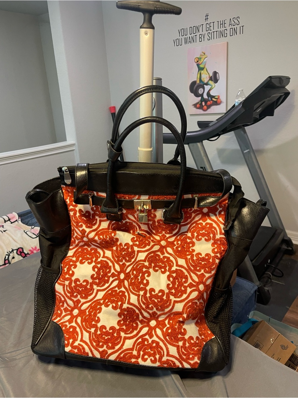 Black Leather Trim Laptop Tote with Orange Patterned Front